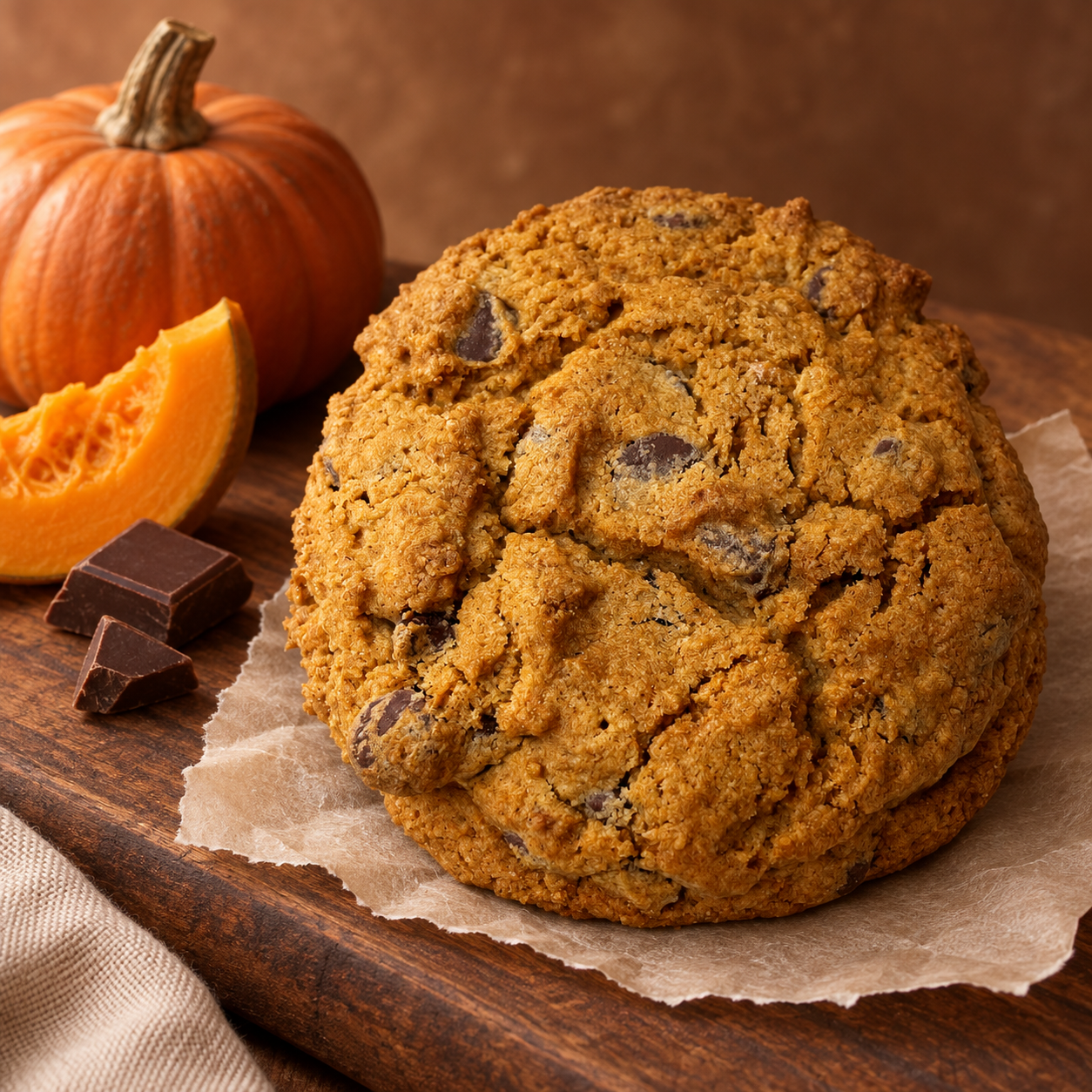 Handmade pumpkin chocolate chip cookie on parchment with pumpkin and chocolate